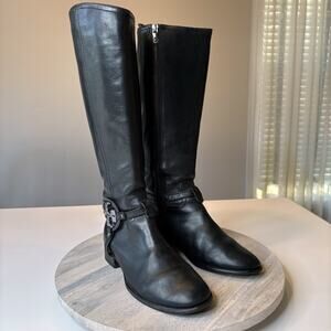 Tory Burch Black Leather Riding Boots Large Silver Logo Buckle Size 8M 8 M